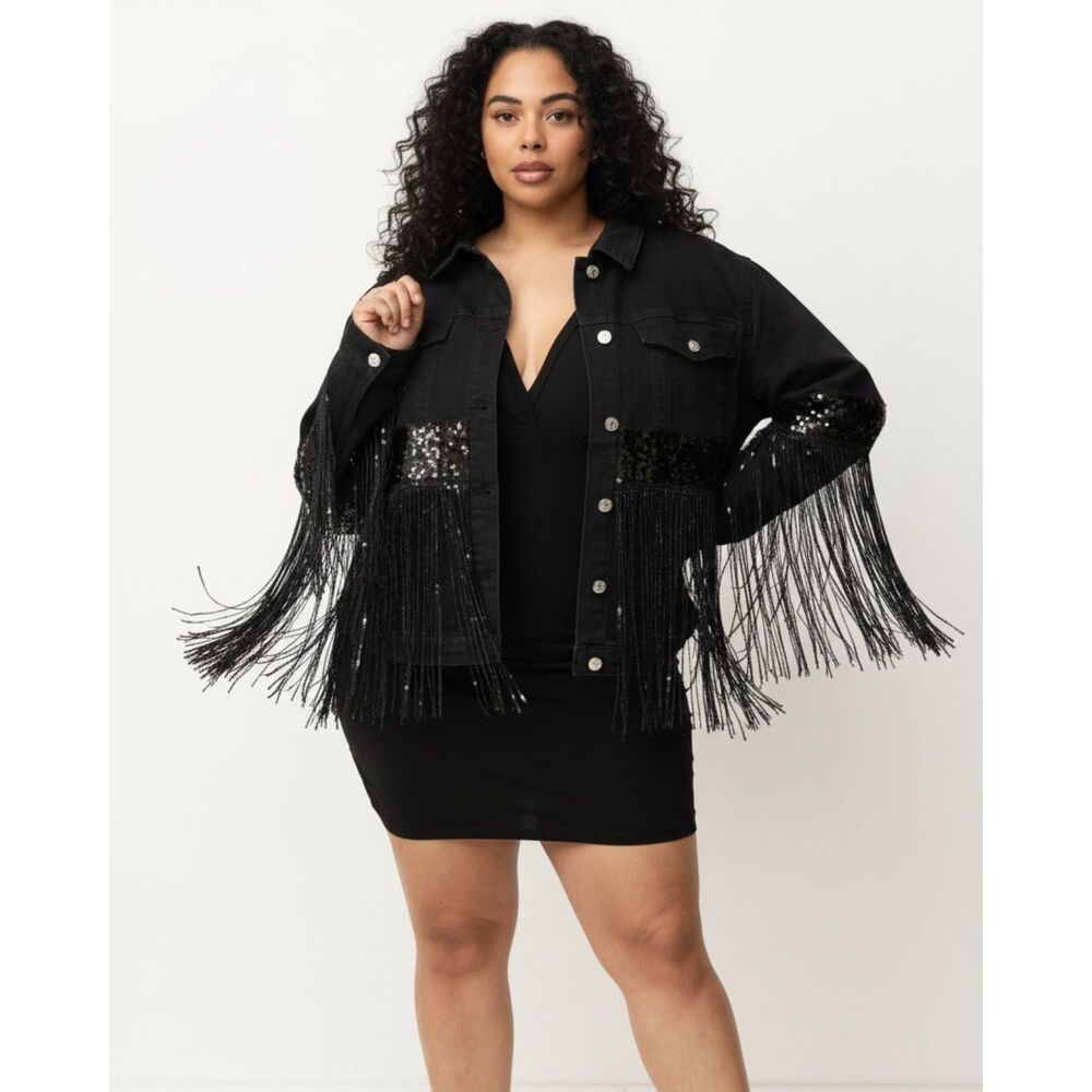 American Bazi ASHLEY STEWART Black Denim, Sequin, and Fringe Jacket, NWT Size 1X